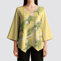 Aloha Puakenikeni Anthurium Pikake Lei Kimono Sleeve Blouse Gold Hawaiian Palaka Pattern