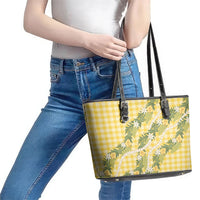 Aloha Puakenikeni Anthurium Pikake Lei Leather Tote Bag Gold Hawaiian Palaka Pattern