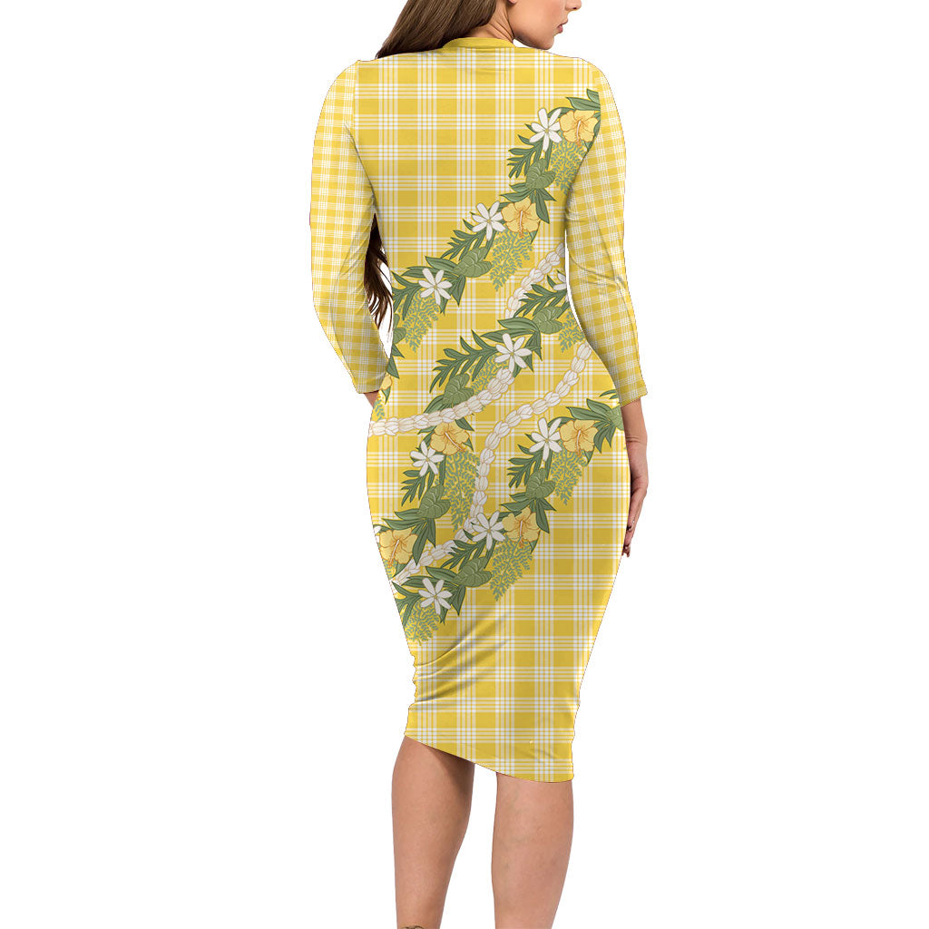 Aloha Puakenikeni Anthurium Pikake Lei Long Sleeve Bodycon Dress Gold Hawaiian Palaka Pattern LT9 - Polynesian Pride