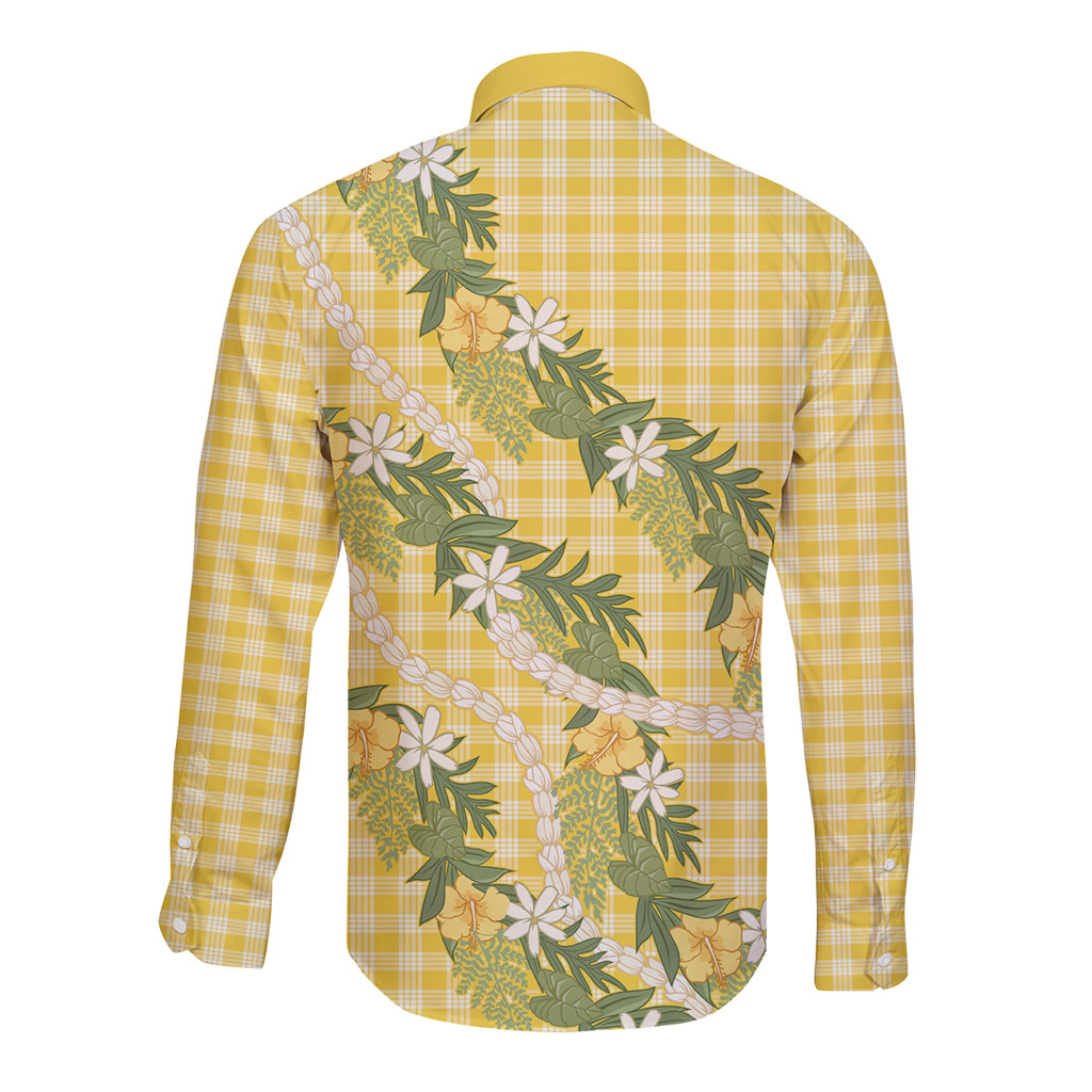Aloha Puakenikeni Anthurium Pikake Lei Long Sleeve Button Shirt Gold Hawaiian Palaka Pattern