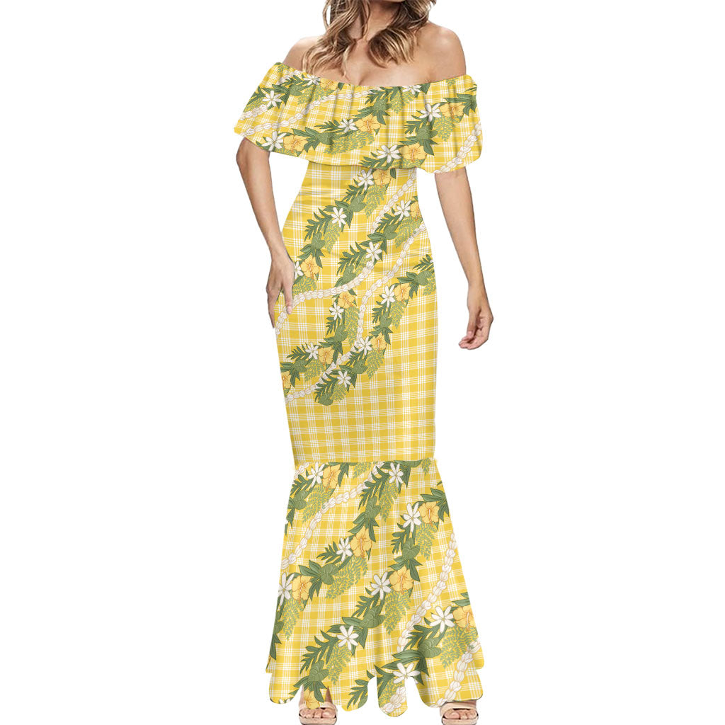 Aloha Puakenikeni Anthurium Pikake Lei Mermaid Dress Gold Hawaiian Palaka Pattern