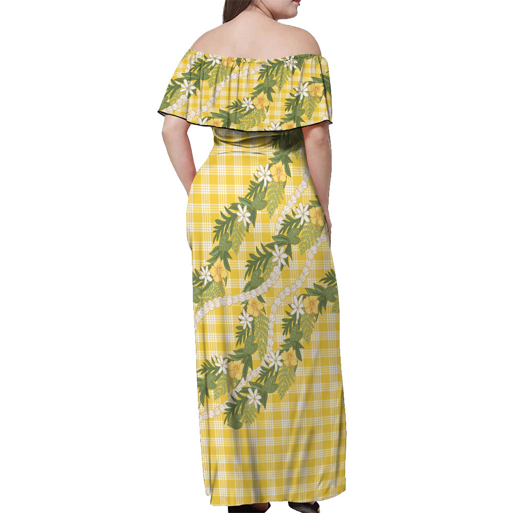 Aloha Puakenikeni Anthurium Pikake Lei Off Shoulder Maxi Dress Gold Hawaiian Palaka Pattern