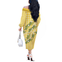 Aloha Puakenikeni Anthurium Pikake Lei Off The Shoulder Long Sleeve Dress Gold Hawaiian Palaka Pattern LT9 - Polynesian Pride