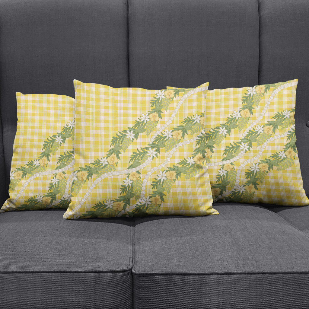 Aloha Puakenikeni Anthurium Pikake Lei Pillow Cover Gold Hawaiian Palaka Pattern