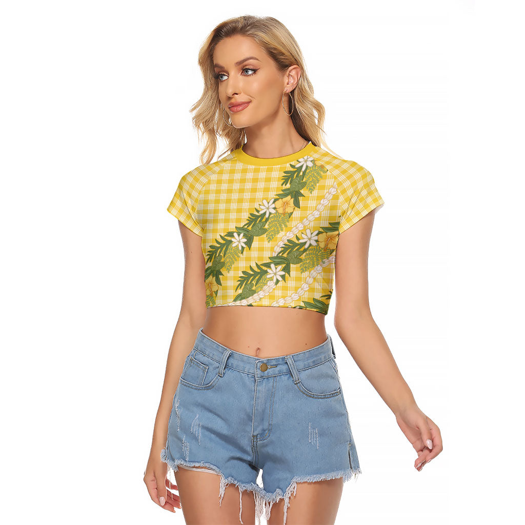 Aloha Puakenikeni Anthurium Pikake Lei Raglan Cropped T Shirt Gold Hawaiian Palaka Pattern