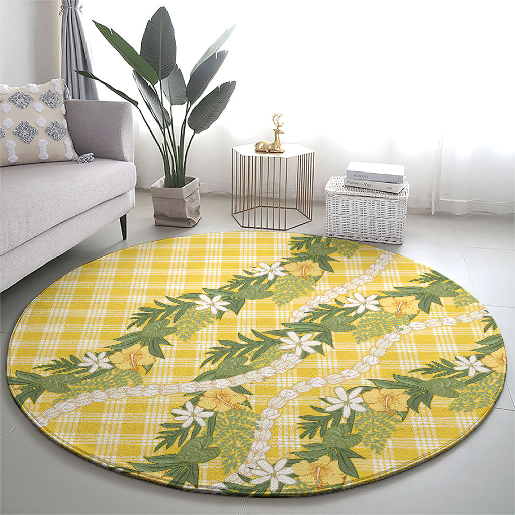 Aloha Puakenikeni Anthurium Pikake Lei Round Carpet Gold Hawaiian Palaka Pattern