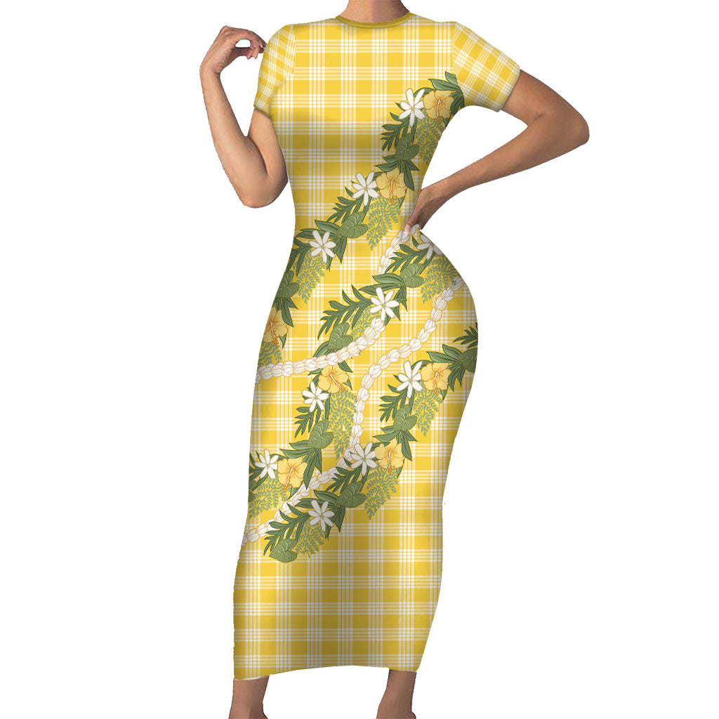 Aloha Puakenikeni Anthurium Pikake Lei Short Sleeve Bodycon Dress Gold Hawaiian Palaka Pattern LT9 Long Dress Gold - Polynesian Pride