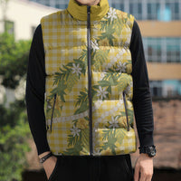Aloha Puakenikeni Anthurium Pikake Lei Sleeveless Puffer Jacket Gold Hawaiian Palaka Pattern