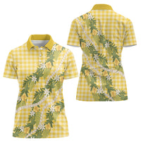 Aloha Puakenikeni Anthurium Pikake Lei Women Polo Shirt Gold Hawaiian Palaka Pattern LT9 - Polynesian Pride