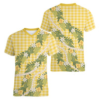 Aloha Puakenikeni Anthurium Pikake Lei Women V-Neck T-Shirt Gold Hawaiian Palaka Pattern LT9 - Polynesian Pride
