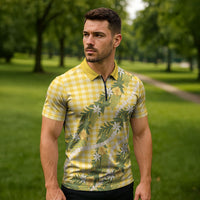 Aloha Puakenikeni Anthurium Pikake Lei Zipper Polo Shirt Gold Hawaiian Palaka Pattern