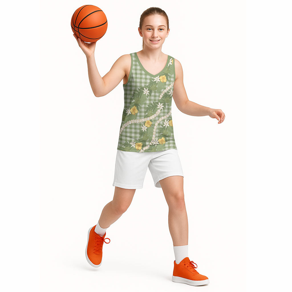 Aloha Puakenikeni Anthurium Pikake Lei Basketball Jersey Green Hawaiian Palaka Pattern