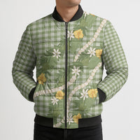Aloha Puakenikeni Anthurium Pikake Lei Bomber Puffer Jacket Green Hawaiian Palaka Pattern