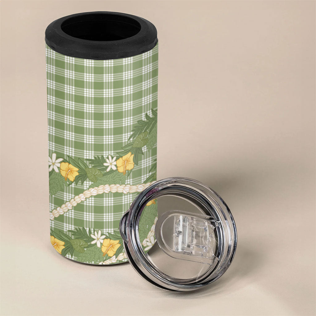 Aloha Puakenikeni Anthurium Pikake Lei 4 in 1 Can Cooler Tumbler Green Hawaiian Palaka Pattern LT9 - Polynesian Pride