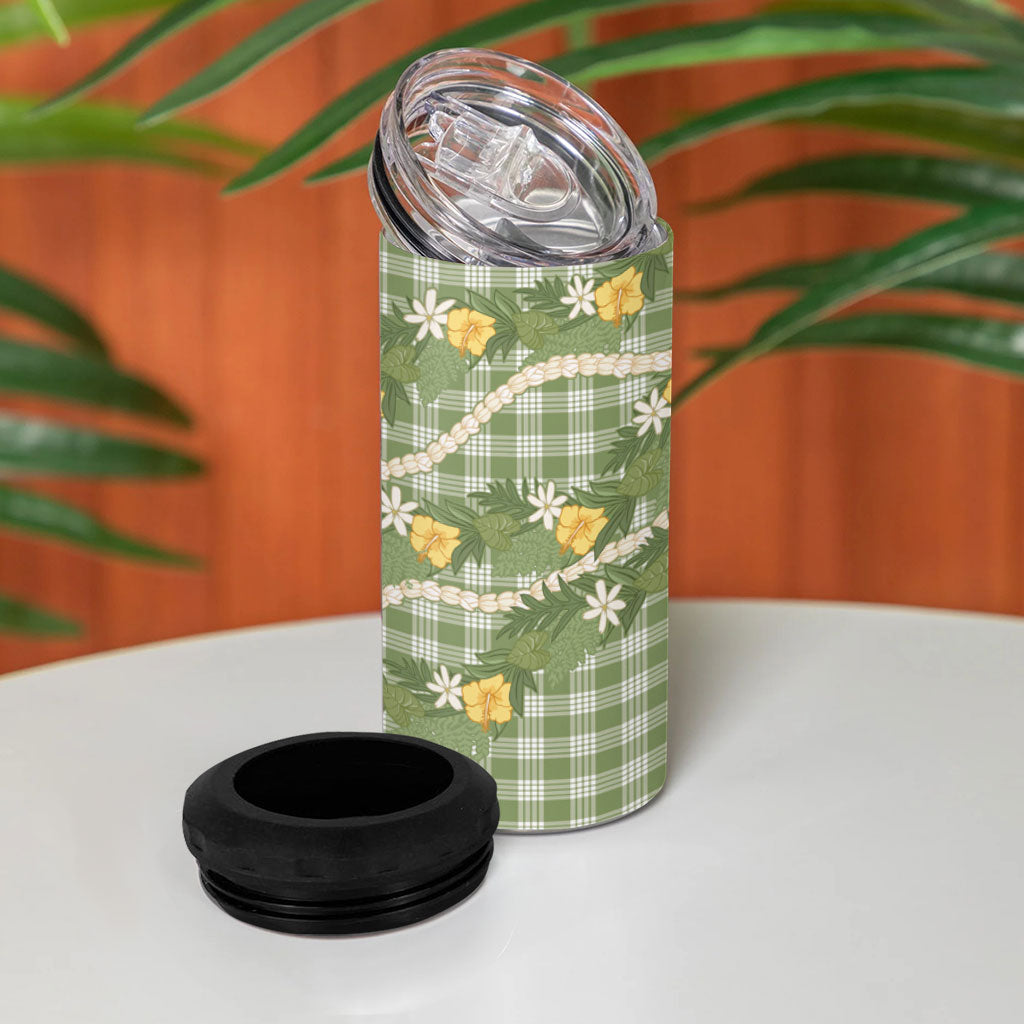 Aloha Puakenikeni Anthurium Pikake Lei 4 in 1 Can Cooler Tumbler Green Hawaiian Palaka Pattern LT9 - Polynesian Pride