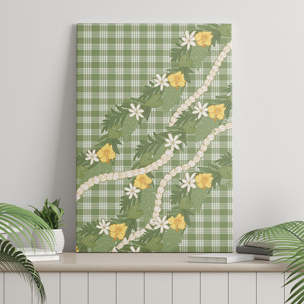 Aloha Puakenikeni Anthurium Pikake Lei Canvas Wall Art Green Hawaiian Palaka Pattern