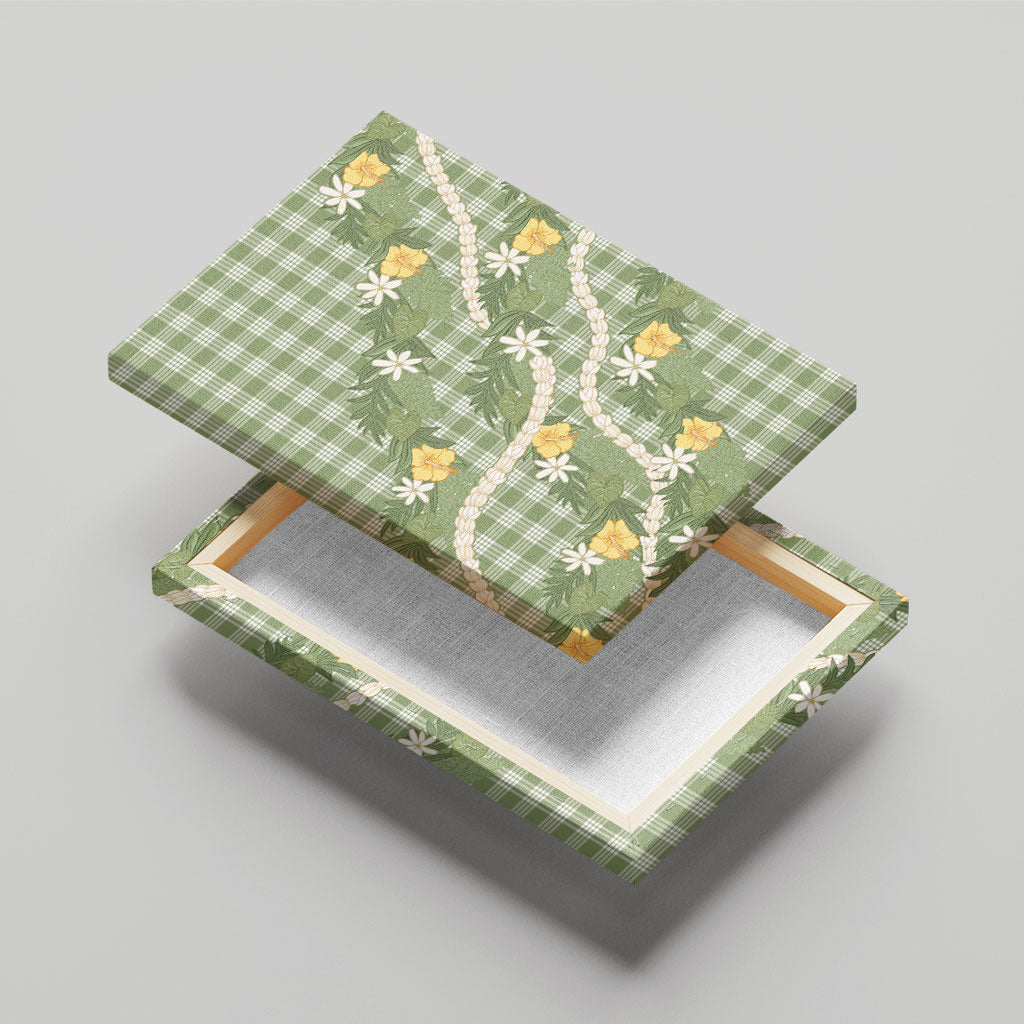 Aloha Puakenikeni Anthurium Pikake Lei Canvas Wall Art Green Hawaiian Palaka Pattern