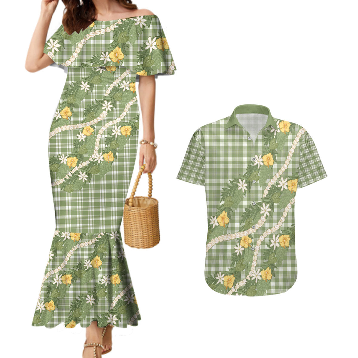 Aloha Puakenikeni Anthurium Pikake Lei Couples Matching Mermaid Dress and Hawaiian Shirt Green Hawaiian Palaka Pattern LT9 Green - Polynesian Pride
