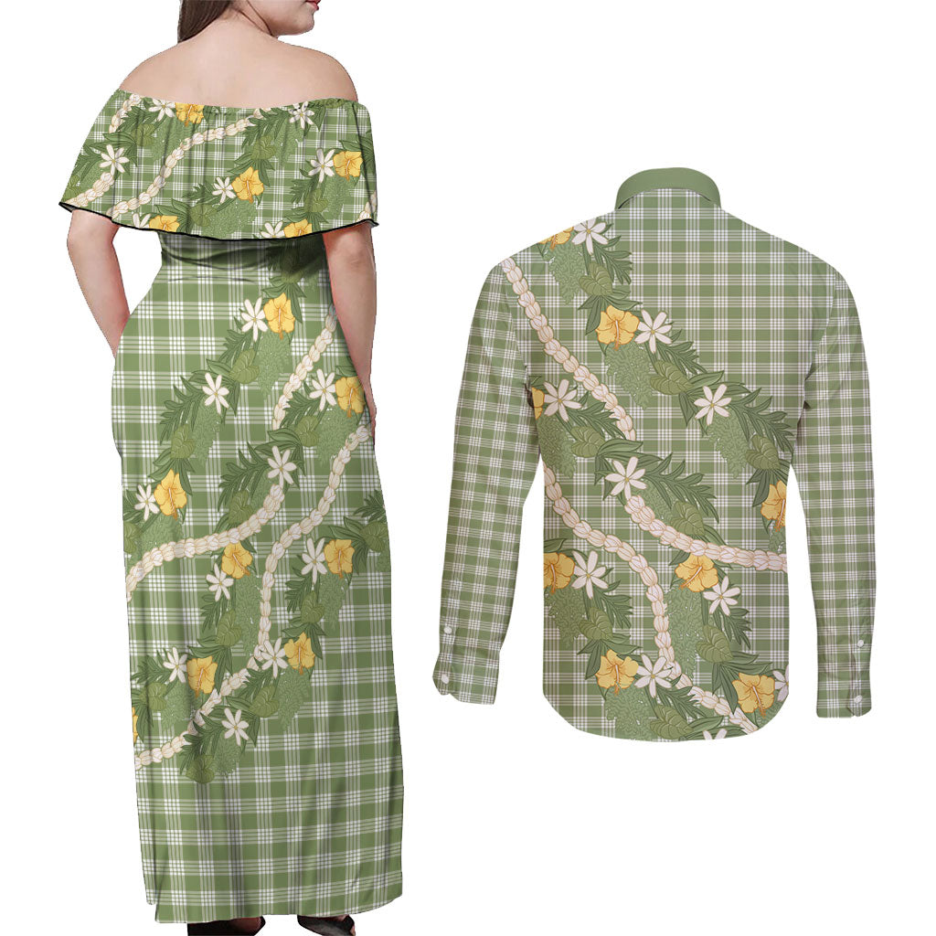 Aloha Puakenikeni Anthurium Pikake Lei Couples Matching Off Shoulder Maxi Dress and Long Sleeve Button Shirt Green Hawaiian Palaka Pattern LT9 - Polynesian Pride
