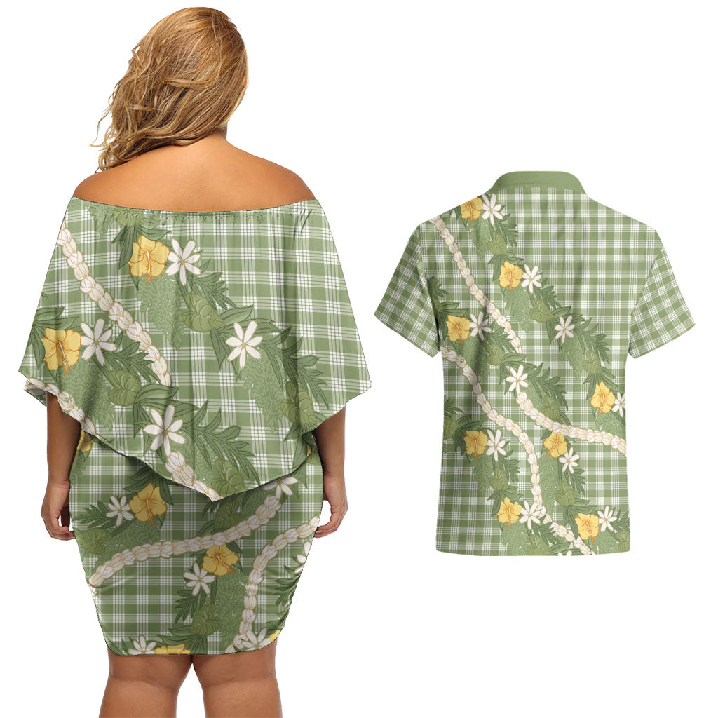 Aloha Puakenikeni Anthurium Pikake Lei Couples Matching Off Shoulder Short Dress and Hawaiian Shirt Green Hawaiian Palaka Pattern LT9 - Polynesian Pride