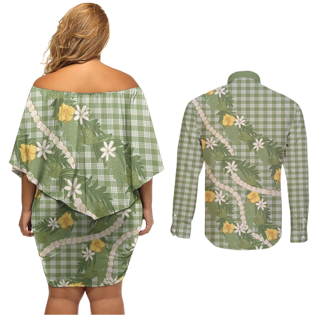 Aloha Puakenikeni Anthurium Pikake Lei Couples Matching Off Shoulder Short Dress and Long Sleeve Button Shirt Green Hawaiian Palaka Pattern LT9 - Polynesian Pride