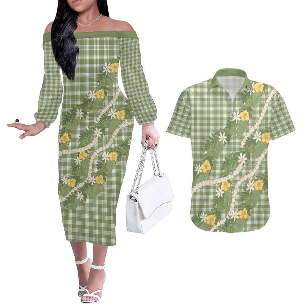 Aloha Puakenikeni Anthurium Pikake Lei Couples Matching Off The Shoulder Long Sleeve Dress and Hawaiian Shirt Green Hawaiian Palaka Pattern