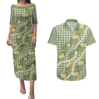 Aloha Puakenikeni Anthurium Pikake Lei Couples Matching Puletasi and Hawaiian Shirt Green Hawaiian Palaka Pattern LT9 Green - Polynesian Pride