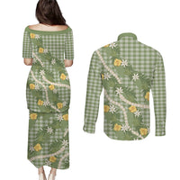 Aloha Puakenikeni Anthurium Pikake Lei Couples Matching Puletasi and Long Sleeve Button Shirt Green Hawaiian Palaka Pattern LT9 - Polynesian Pride