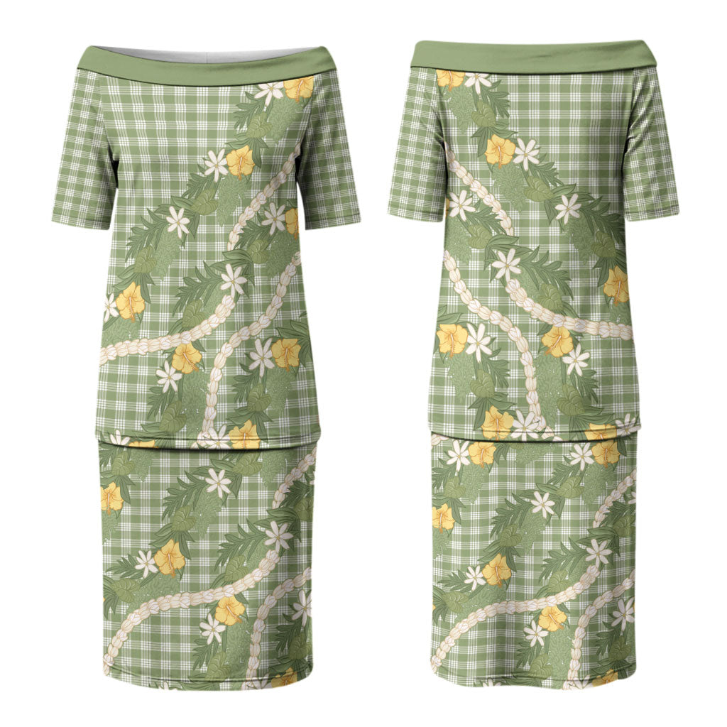 Aloha Puakenikeni Anthurium Pikake Lei Couples Matching Puletasi and Long Sleeve Button Shirt Green Hawaiian Palaka Pattern LT9 - Polynesian Pride