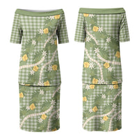 Aloha Puakenikeni Anthurium Pikake Lei Couples Matching Puletasi and Long Sleeve Button Shirt Green Hawaiian Palaka Pattern LT9 - Polynesian Pride