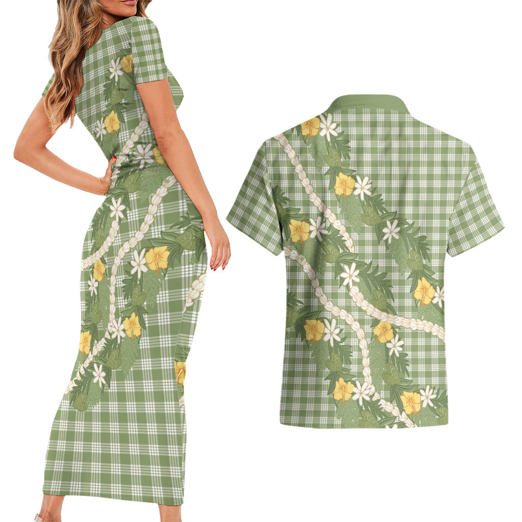 Aloha Puakenikeni Anthurium Pikake Lei Couples Matching Short Sleeve Bodycon Dress and Hawaiian Shirt Green Hawaiian Palaka Pattern LT9 - Polynesian Pride