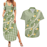 Aloha Puakenikeni Anthurium Pikake Lei Couples Matching Summer Maxi Dress and Hawaiian Shirt Green Hawaiian Palaka Pattern LT9 Green - Polynesian Pride