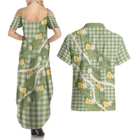 Aloha Puakenikeni Anthurium Pikake Lei Couples Matching Summer Maxi Dress and Hawaiian Shirt Green Hawaiian Palaka Pattern LT9 - Polynesian Pride