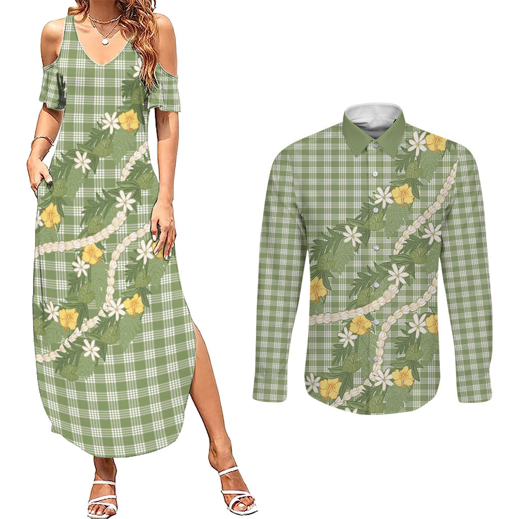 Aloha Puakenikeni Anthurium Pikake Lei Couples Matching Summer Maxi Dress and Long Sleeve Button Shirt Green Hawaiian Palaka Pattern LT9 Green - Polynesian Pride