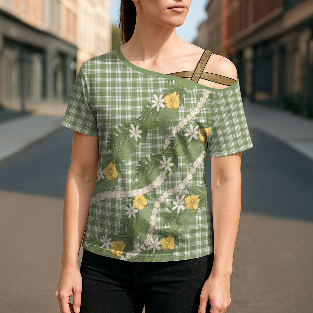 Aloha Puakenikeni Anthurium Pikake Lei Cross Shoulder Shirt Green Hawaiian Palaka Pattern