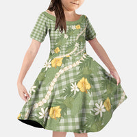 Aloha Puakenikeni Anthurium Pikake Lei Family Matching Long Sleeve Bodycon Dress and Hawaiian Shirt Green Hawaiian Palaka Pattern LT9 Daughter's Dress Green - Polynesian Pride