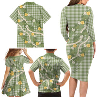 Aloha Puakenikeni Anthurium Pikake Lei Family Matching Long Sleeve Bodycon Dress and Hawaiian Shirt Green Hawaiian Palaka Pattern LT9 - Polynesian Pride