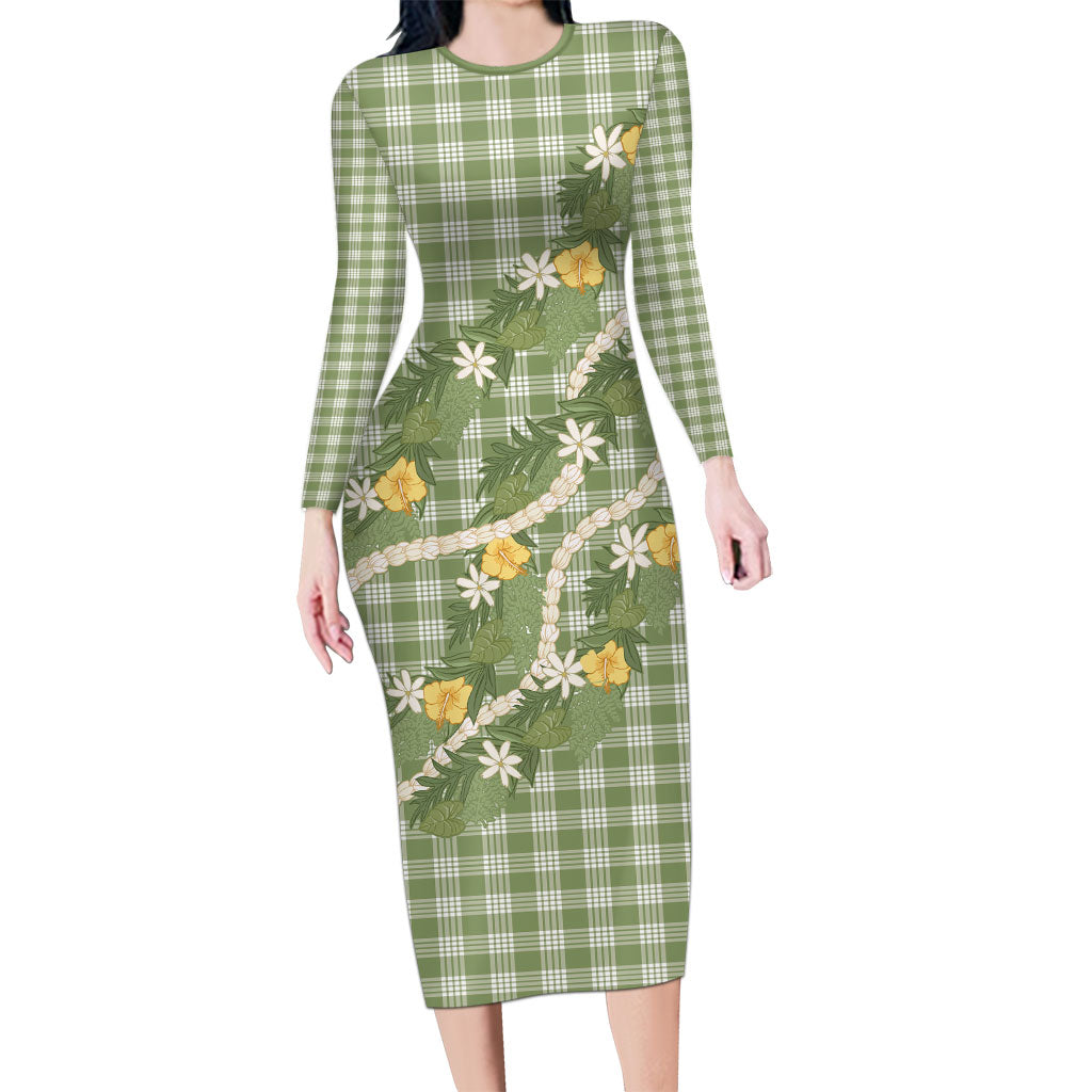 Aloha Puakenikeni Anthurium Pikake Lei Family Matching Long Sleeve Bodycon Dress and Hawaiian Shirt Green Hawaiian Palaka Pattern LT9 Mom's Dress Green - Polynesian Pride