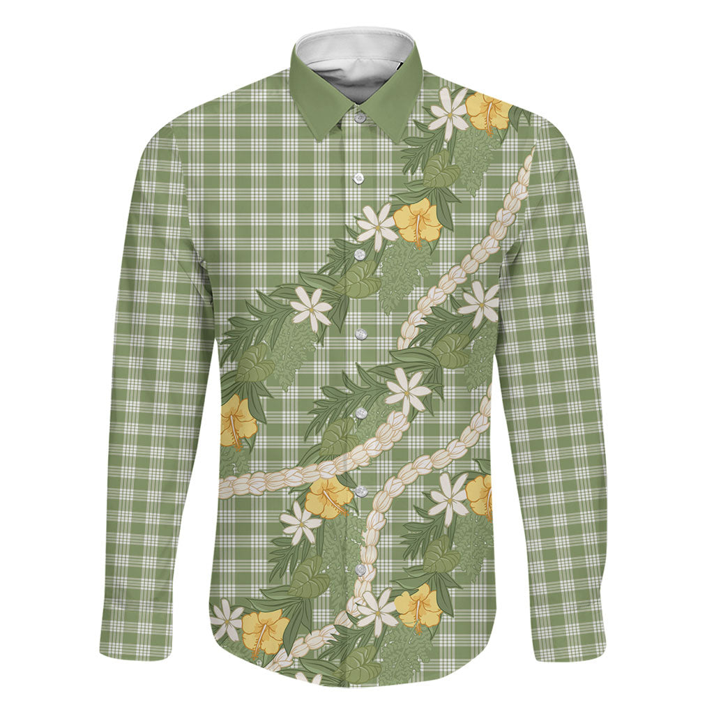 Aloha Puakenikeni Anthurium Pikake Lei Family Matching Mermaid Dress and Hawaiian Shirt Green Hawaiian Palaka Pattern LT9 Dad's Shirt - Long Sleeve Green - Polynesian Pride