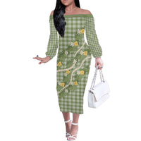 Aloha Puakenikeni Anthurium Pikake Lei Family Matching Off The Shoulder Long Sleeve Dress and Hawaiian Shirt Green Hawaiian Palaka Pattern LT9 Mom's Dress Green - Polynesian Pride