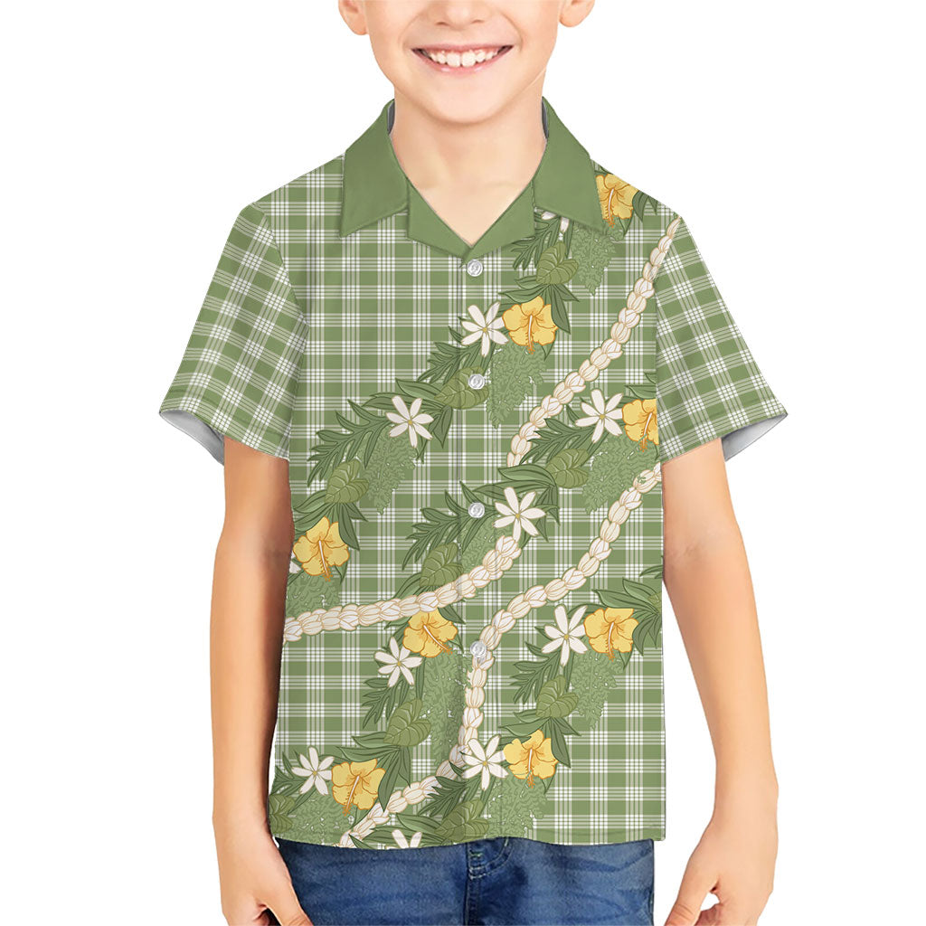 Aloha Puakenikeni Anthurium Pikake Lei Family Matching Off The Shoulder Long Sleeve Dress and Hawaiian Shirt Green Hawaiian Palaka Pattern LT9 Son's Shirt Green - Polynesian Pride