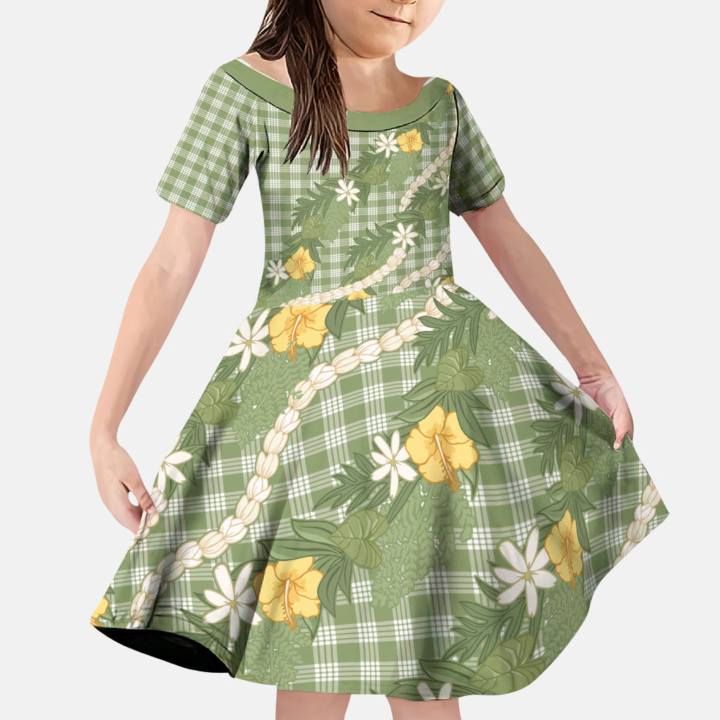 Aloha Puakenikeni Anthurium Pikake Lei Family Matching Off Shoulder Maxi Dress and Hawaiian Shirt Green Hawaiian Palaka Pattern LT9 Daughter's Dress Green - Polynesian Pride