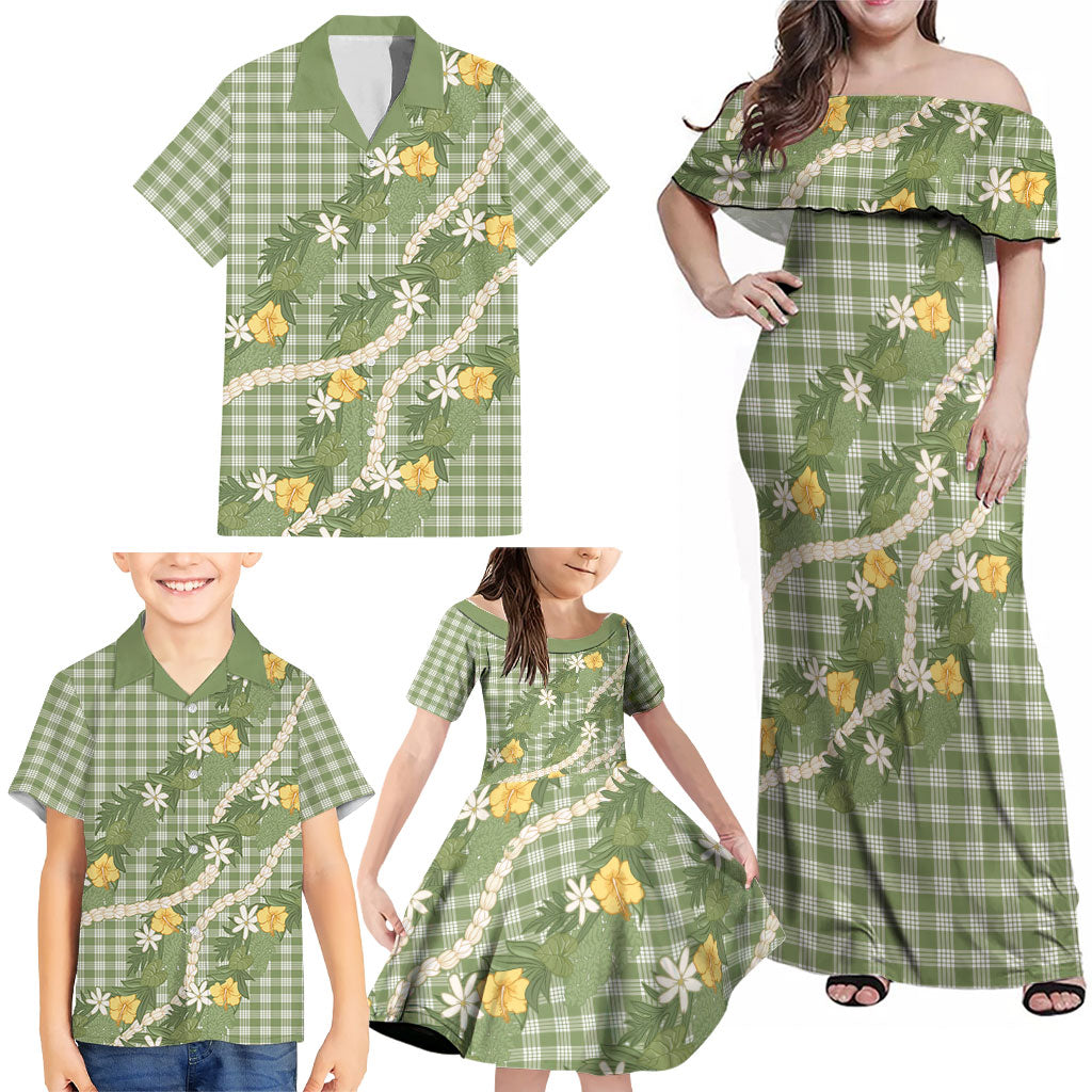 Aloha Puakenikeni Anthurium Pikake Lei Family Matching Off Shoulder Maxi Dress and Hawaiian Shirt Green Hawaiian Palaka Pattern