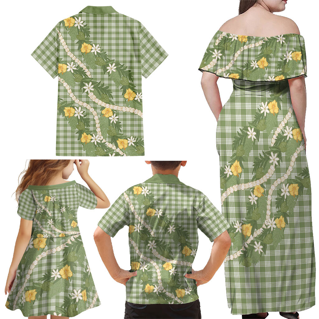 Aloha Puakenikeni Anthurium Pikake Lei Family Matching Off Shoulder Maxi Dress and Hawaiian Shirt Green Hawaiian Palaka Pattern LT9 - Polynesian Pride