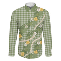 Aloha Puakenikeni Anthurium Pikake Lei Family Matching Off Shoulder Short Dress and Hawaiian Shirt Green Hawaiian Palaka Pattern LT9 Dad's Shirt - Long Sleeve Green - Polynesian Pride