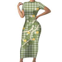 Aloha Puakenikeni Anthurium Pikake Lei Family Matching Short Sleeve Bodycon Dress and Hawaiian Shirt Green Hawaiian Palaka Pattern LT9 Mom's Dress Green - Polynesian Pride
