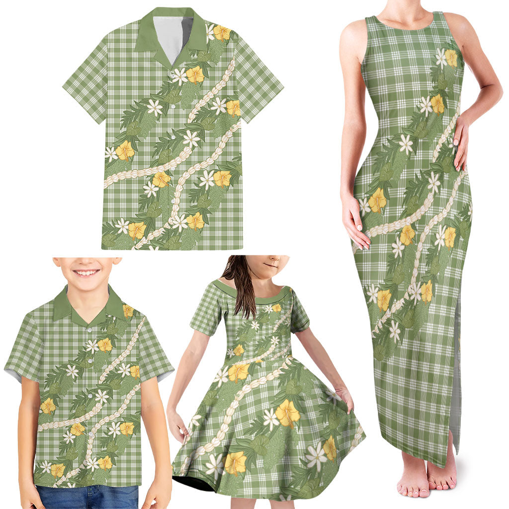 Aloha Puakenikeni Anthurium Pikake Lei Family Matching Tank Maxi Dress and Hawaiian Shirt Green Hawaiian Palaka Pattern LT9 - Polynesian Pride