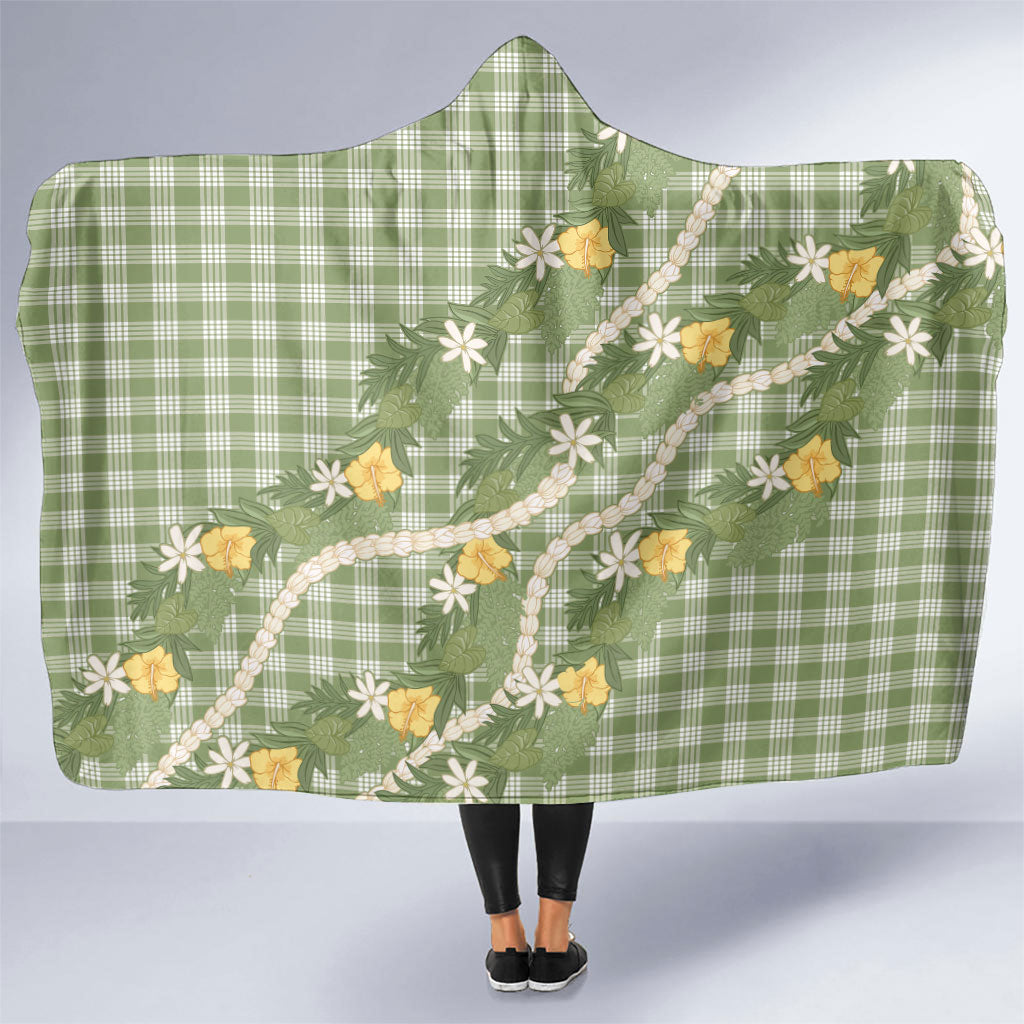Aloha Puakenikeni Anthurium Pikake Lei Hooded Blanket Green Hawaiian Palaka Pattern LT9 One Size Green - Polynesian Pride