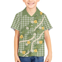Aloha Puakenikeni Anthurium Pikake Lei Kid Hawaiian Shirt Green Hawaiian Palaka Pattern
