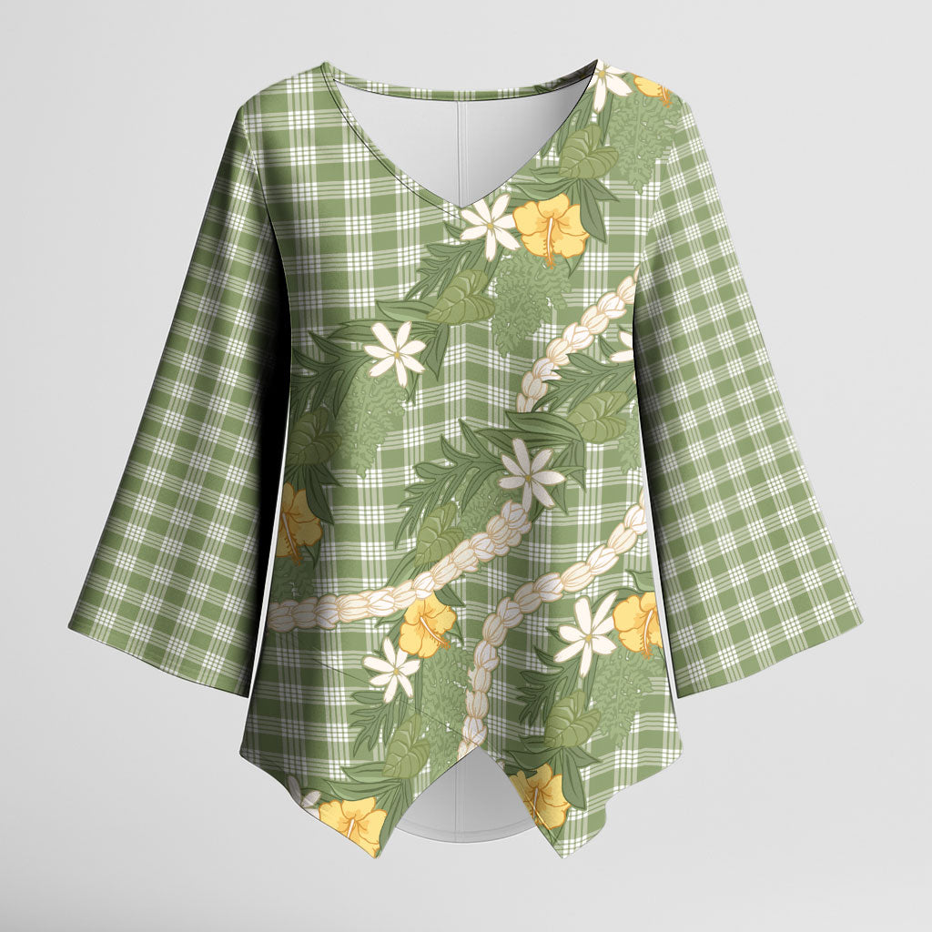 Aloha Puakenikeni Anthurium Pikake Lei Kimono Sleeve Blouse Green Hawaiian Palaka Pattern LT9 Female Green - Polynesian Pride